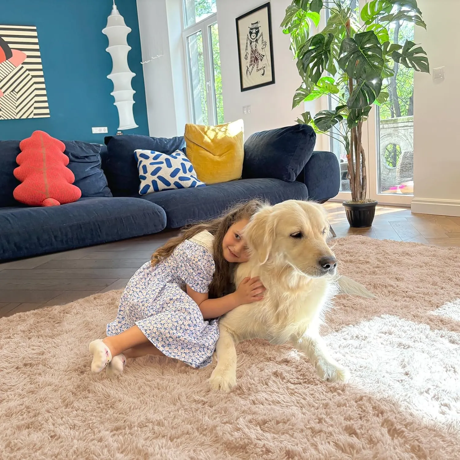OLANLY Area Rugs for Living Room Bedroom, Machine Washable 4x5.9 Feet Soft Fluffy Shaggy Bedside Rug, Indoor Floor Carpet for Kids Girls and Boys, Dorms, Nursery Rooms, Home Decor Aesthetic, Beige