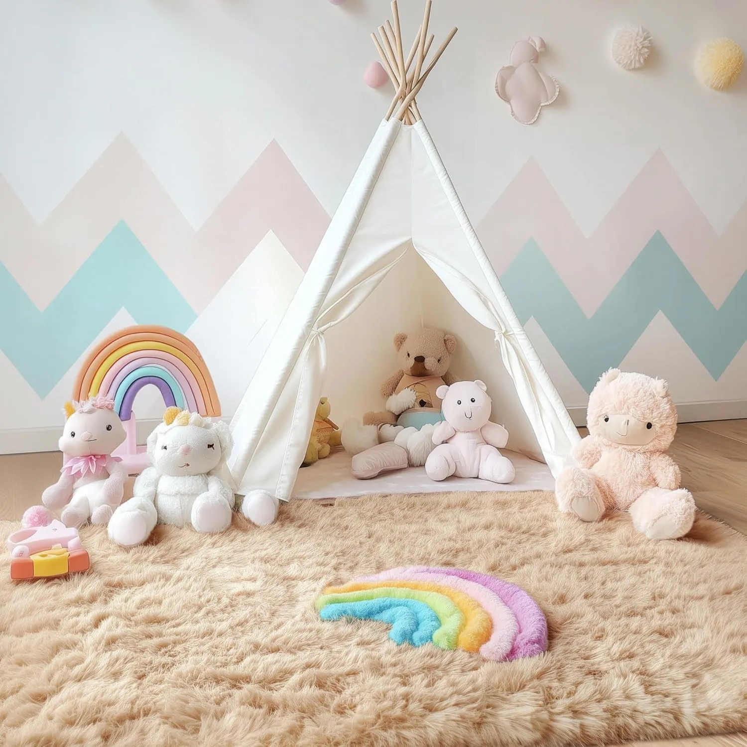 OLANLY Area Rugs for Living Room Bedroom, Machine Washable 4x5.9 Feet Soft Fluffy Shaggy Bedside Rug, Indoor Floor Carpet for Kids Girls and Boys, Dorms, Nursery Rooms, Home Decor Aesthetic, Beige