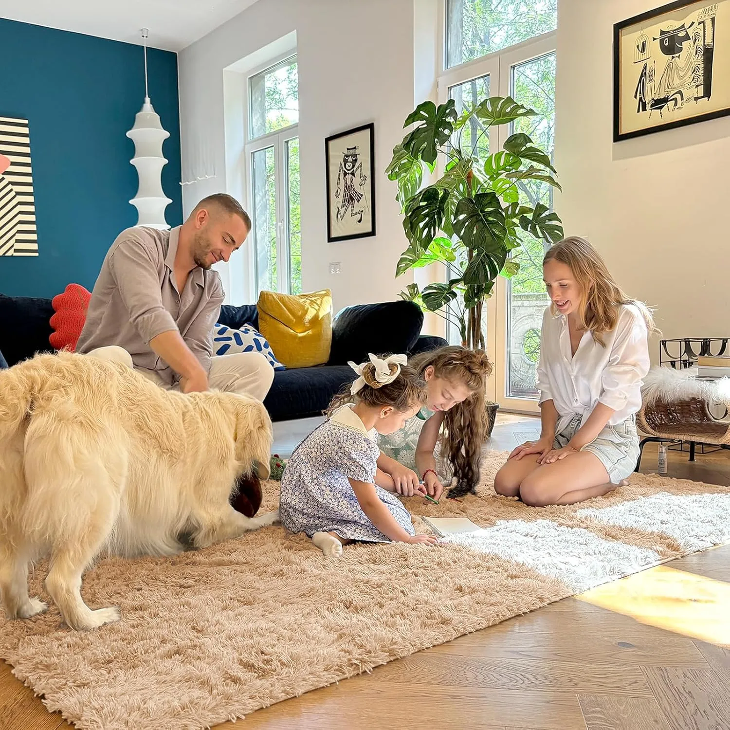 OLANLY Area Rugs for Living Room Bedroom, Machine Washable 4x5.9 Feet Soft Fluffy Shaggy Bedside Rug, Indoor Floor Carpet for Kids Girls and Boys, Dorms, Nursery Rooms, Home Decor Aesthetic, Beige