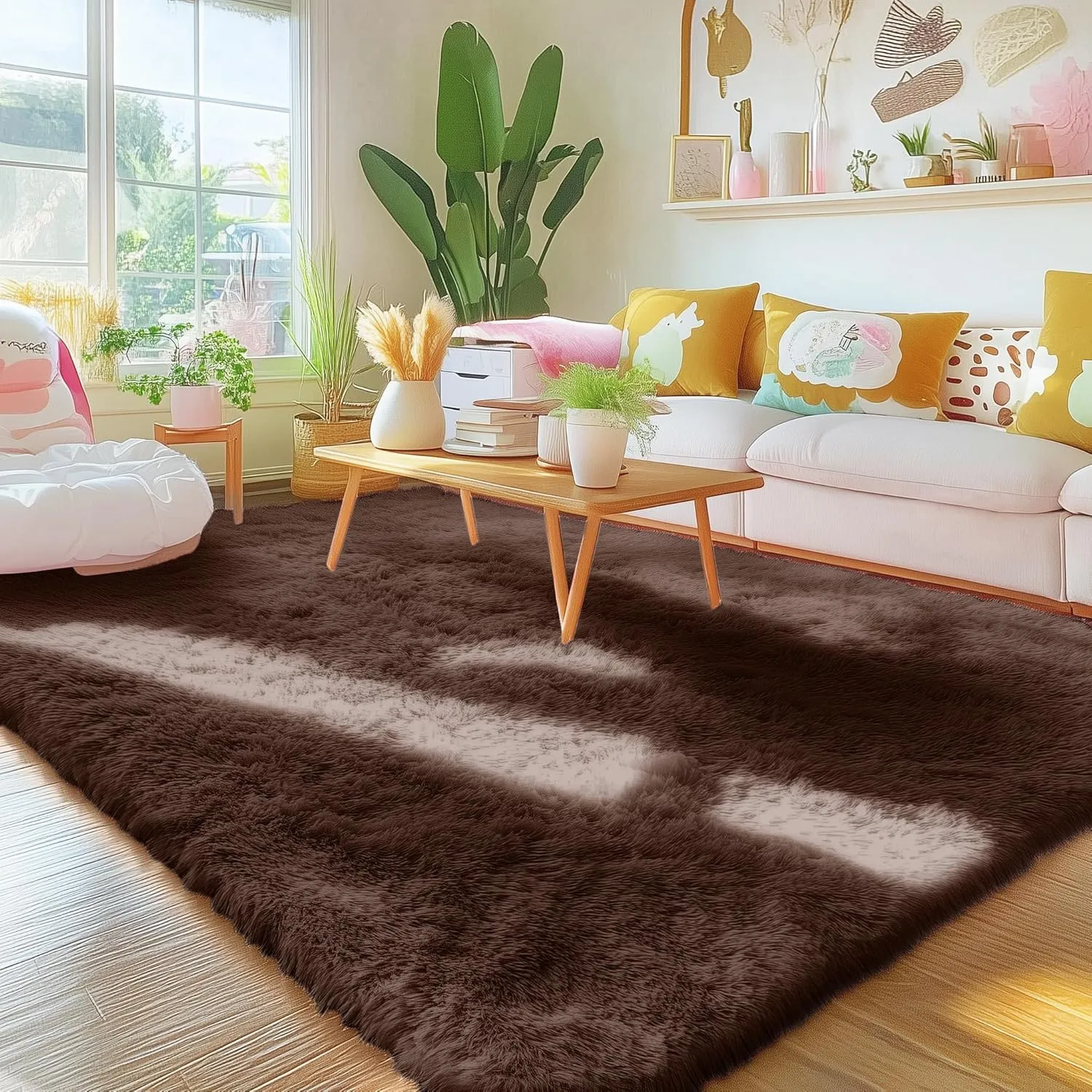 OLANLY Area Rugs for Living Room Bedroom, Machine Washable 4x5.9 Feet Soft Fluffy Shaggy Bedside Rug, Indoor Floor Carpet for Kids Girls and Boys, Dorms, Nursery Rooms, Home Decor Aesthetic, Coffee