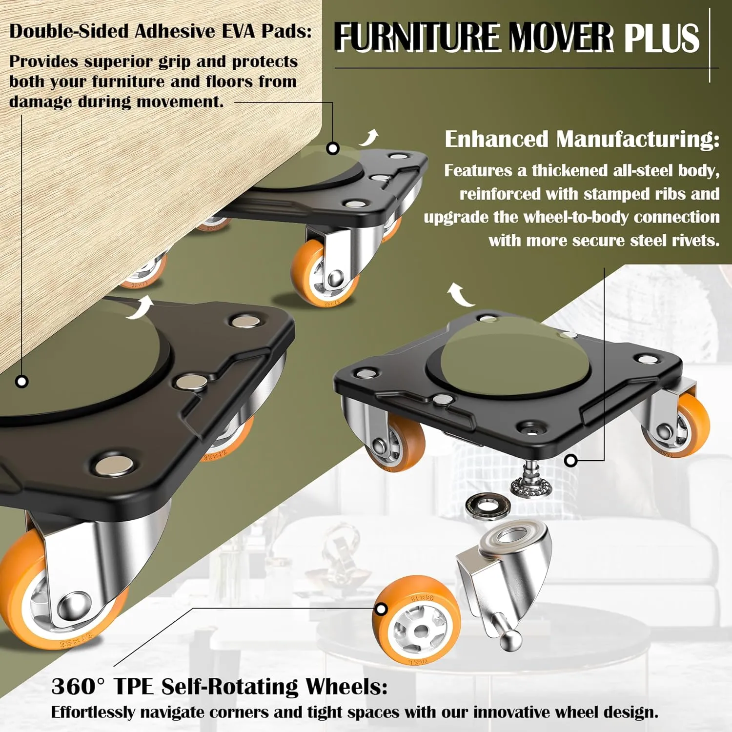 ONEON Furniture Mover Plus, Upgrated to Full Carbon Steel Panels Dolly, Reinforced Rib Design, Increased Weight Capacity, with Furniture Lifter, Easy Heavy Lifting