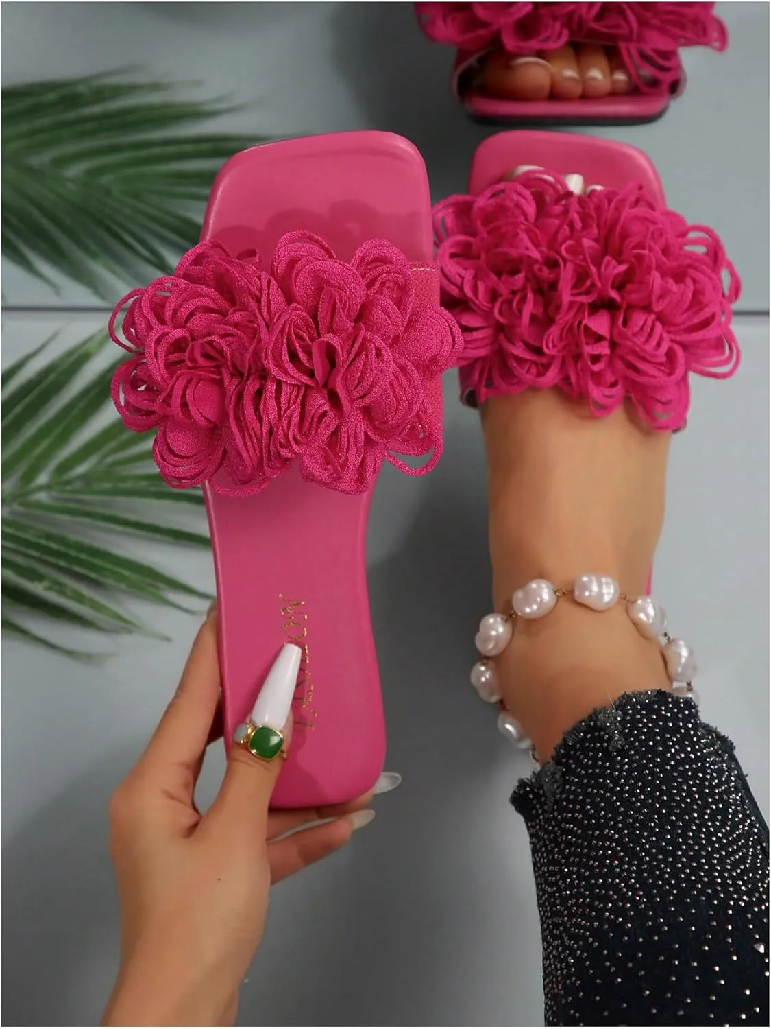 OYOANGLE Women's 3D Floral Flat Sandals Square Open Toe PU Leather Slip on Slides