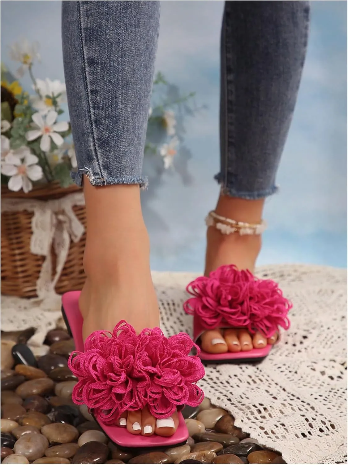OYOANGLE Women's 3D Floral Flat Sandals Square Open Toe PU Leather Slip on Slides
