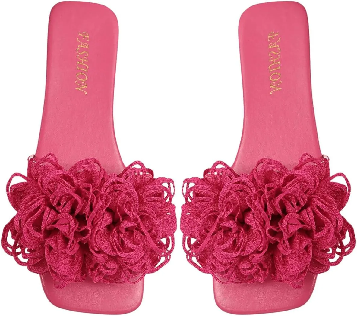 OYOANGLE Women's 3D Floral Flat Sandals Square Open Toe PU Leather Slip on Slides