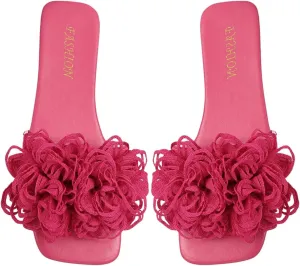 OYOANGLE Women's 3D Floral Flat Sandals Square Open Toe PU Leather Slip on Slides