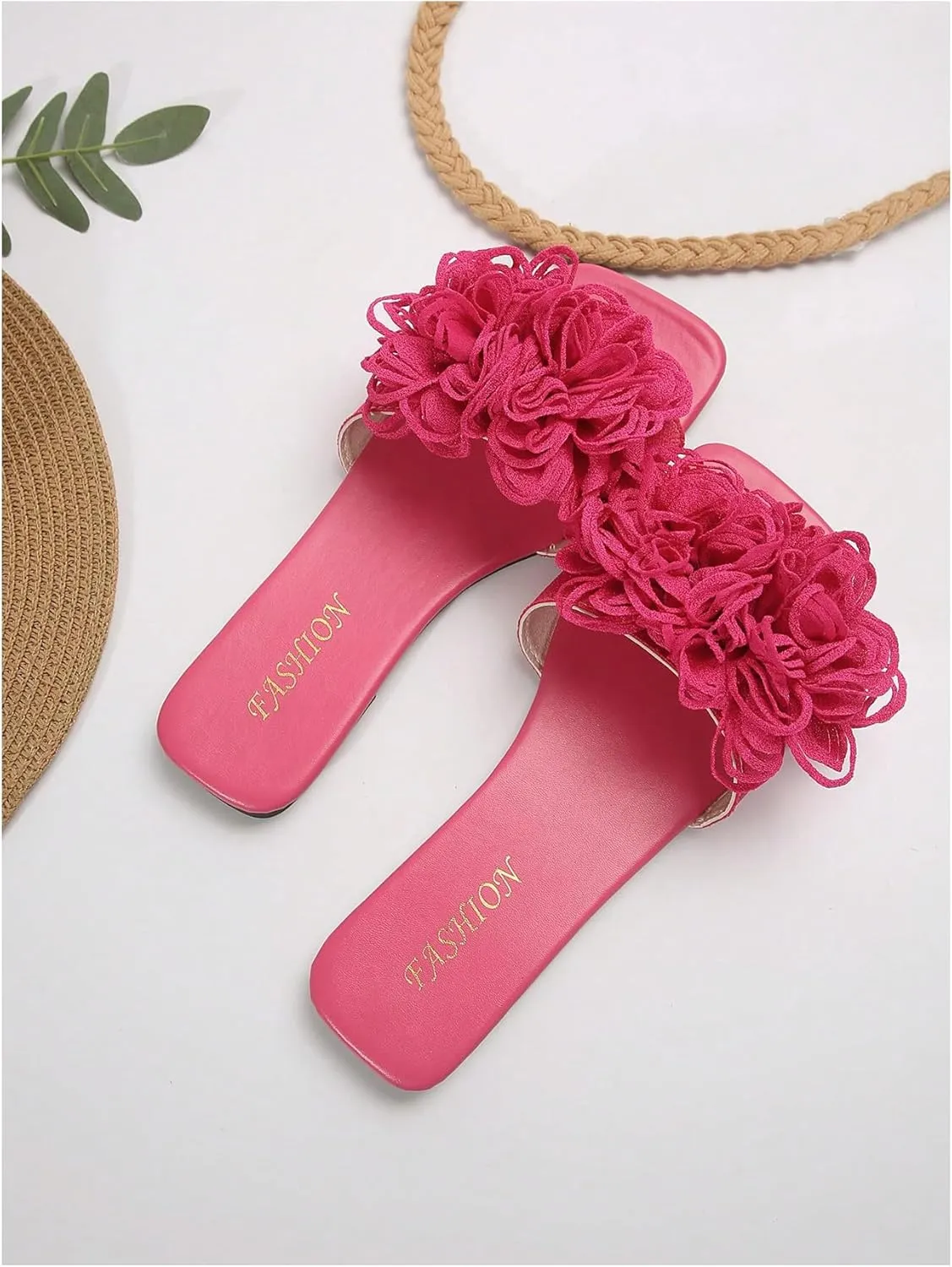 OYOANGLE Women's 3D Floral Flat Sandals Square Open Toe PU Leather Slip on Slides