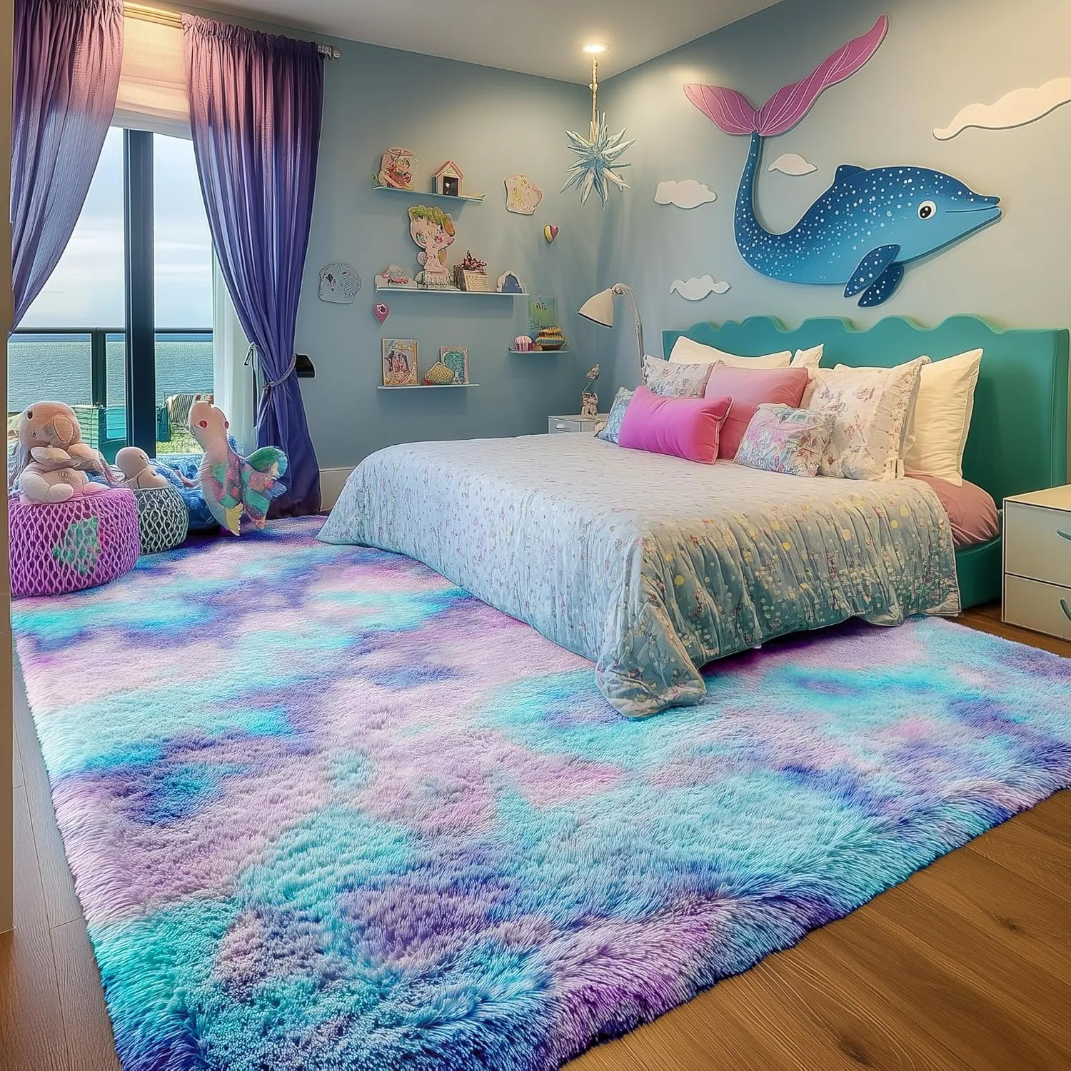 PAGISOFE Cute Furry Pastel Rug for Girls Bedroom, Soft Purple Shag Tent Rugs for Livingroom, Kids Room, Playroom, Nursery, Home Decor, Plush Mermaid Kawaii Rug, Fluffy Fuzzy Carpet, 4x6 Area Rug