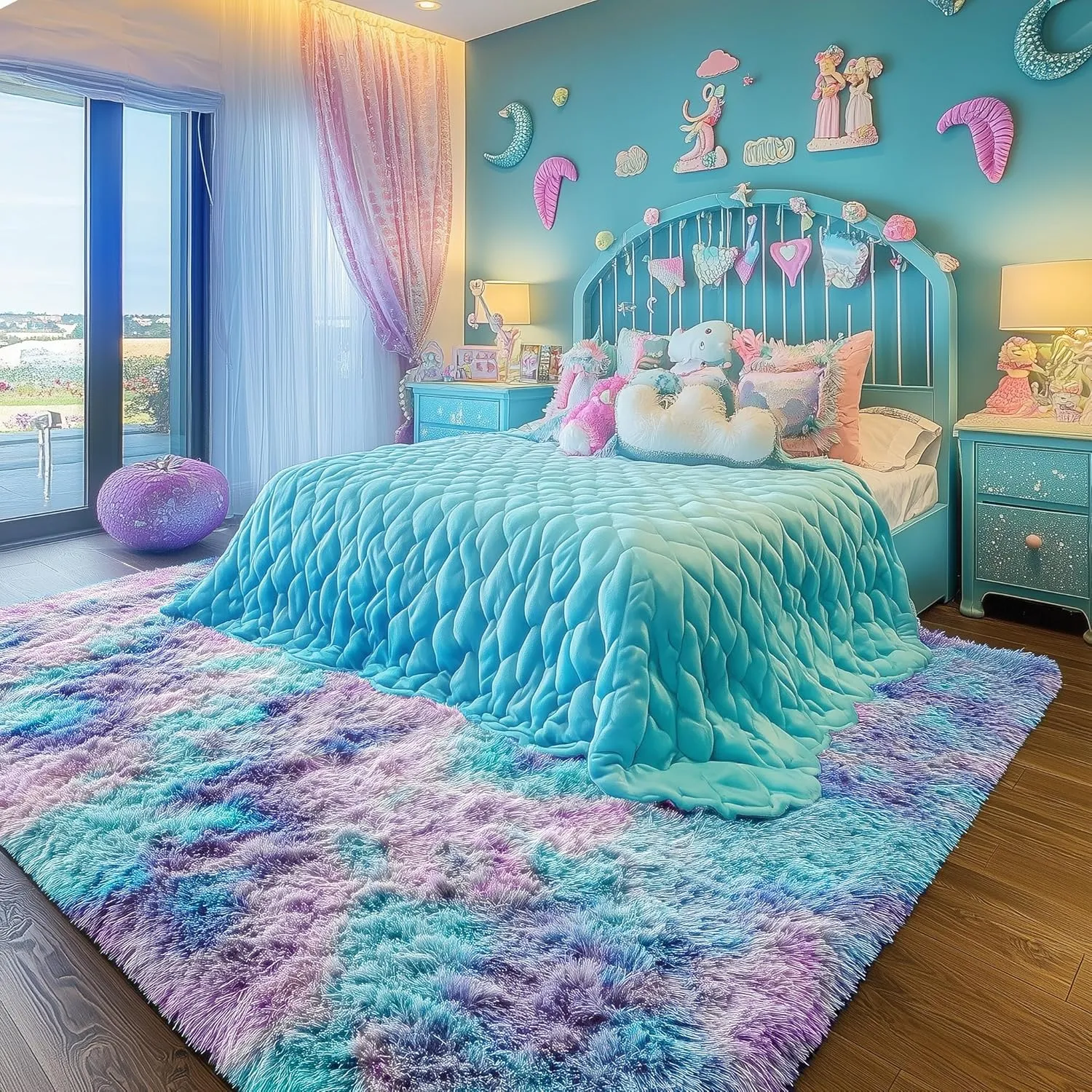 PAGISOFE Cute Furry Pastel Rug for Girls Bedroom, Soft Purple Shag Tent Rugs for Livingroom, Kids Room, Playroom, Nursery, Home Decor, Plush Mermaid Kawaii Rug, Fluffy Fuzzy Carpet, 4x6 Area Rug