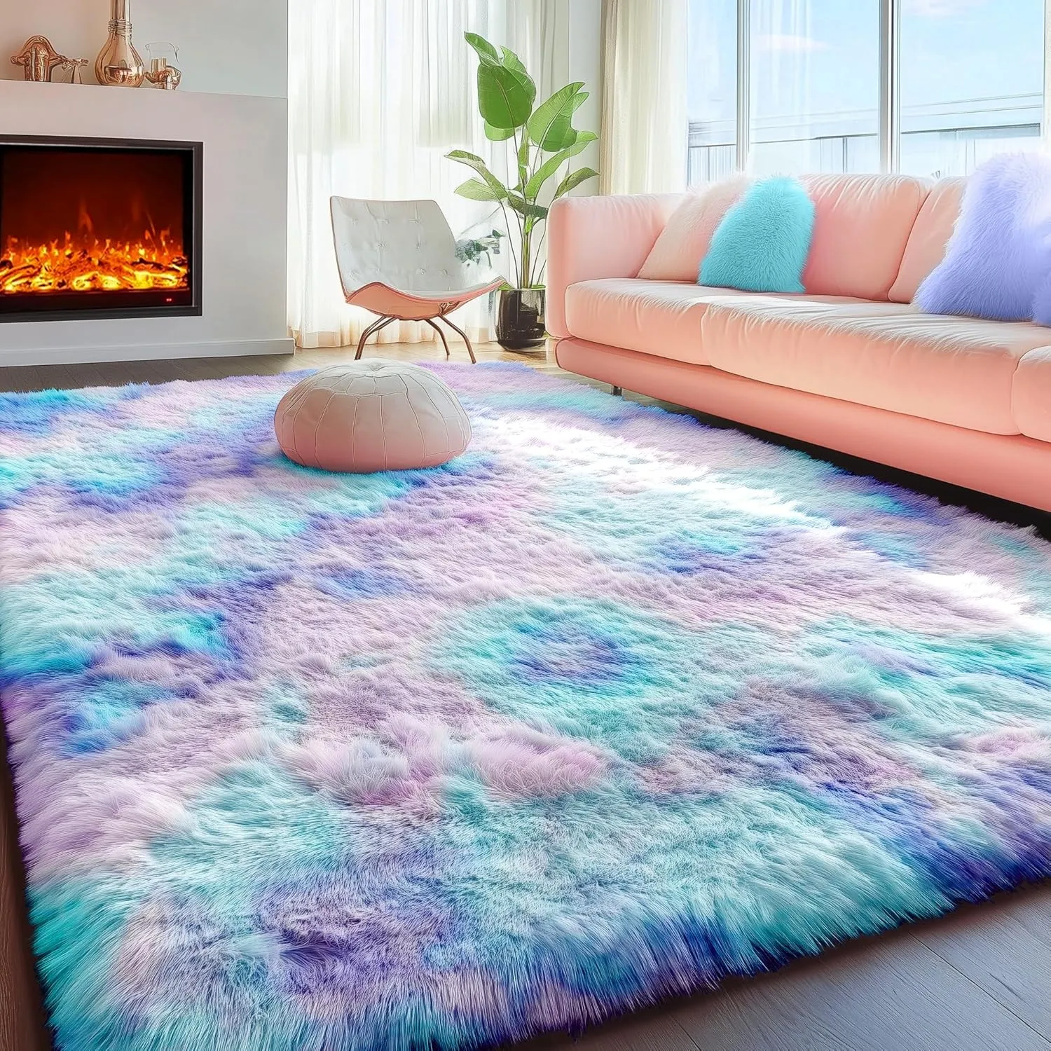 PAGISOFE Cute Furry Pastel Rug for Girls Bedroom, Soft Purple Shag Tent Rugs for Livingroom, Kids Room, Playroom, Nursery, Home Decor, Plush Mermaid Kawaii Rug, Fluffy Fuzzy Carpet, 4x6 Area Rug