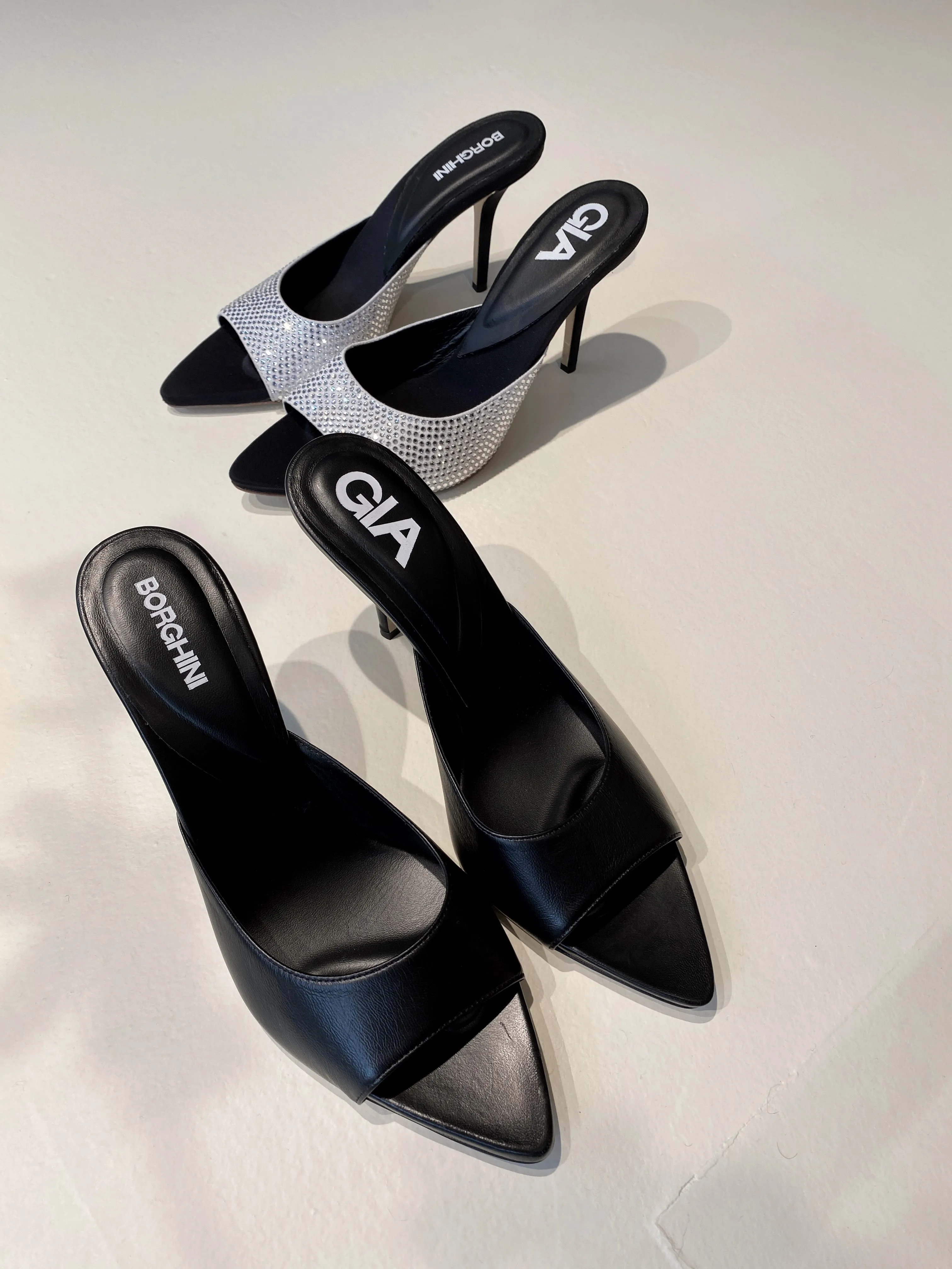 Perni 04, Silver/Black Uni Strass, Pointe Toe Mule