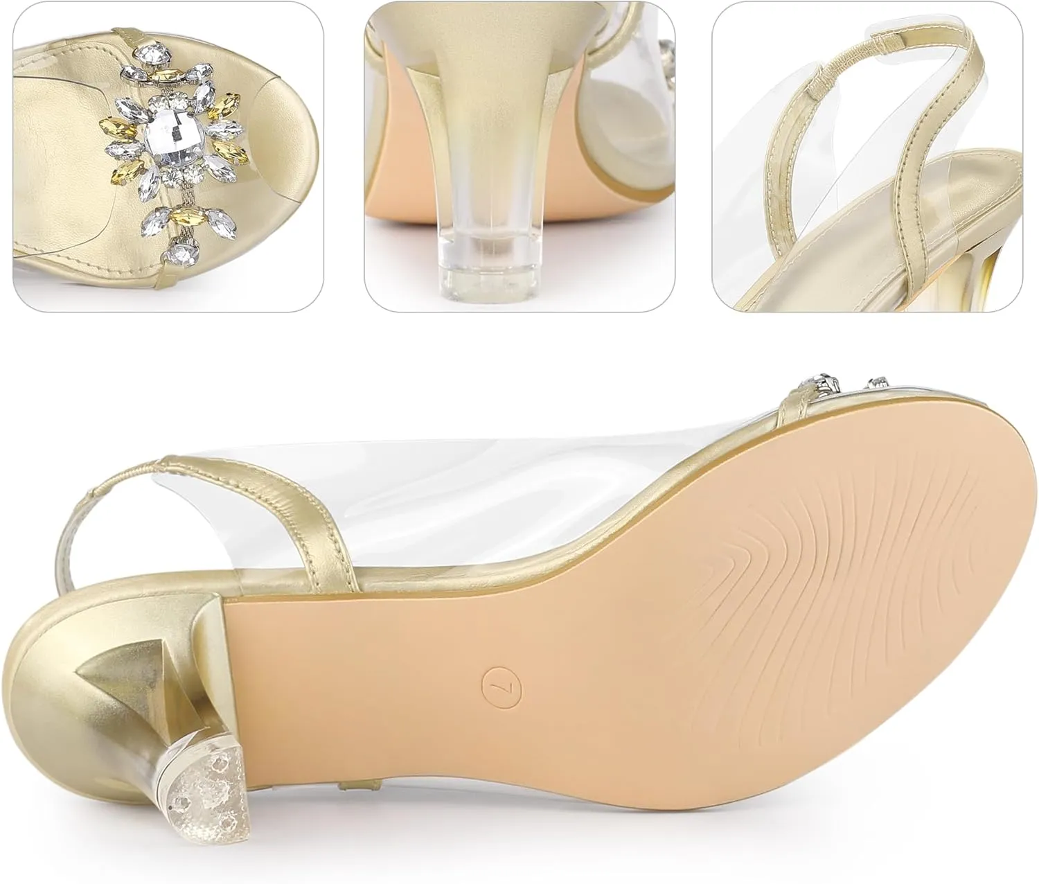 Perphy Peep Toe Flower Rhinestone Clear Chunky Heels Cinderella Glass Sandals for Women