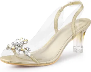 Perphy Peep Toe Flower Rhinestone Clear Chunky Heels Cinderella Glass Sandals for Women