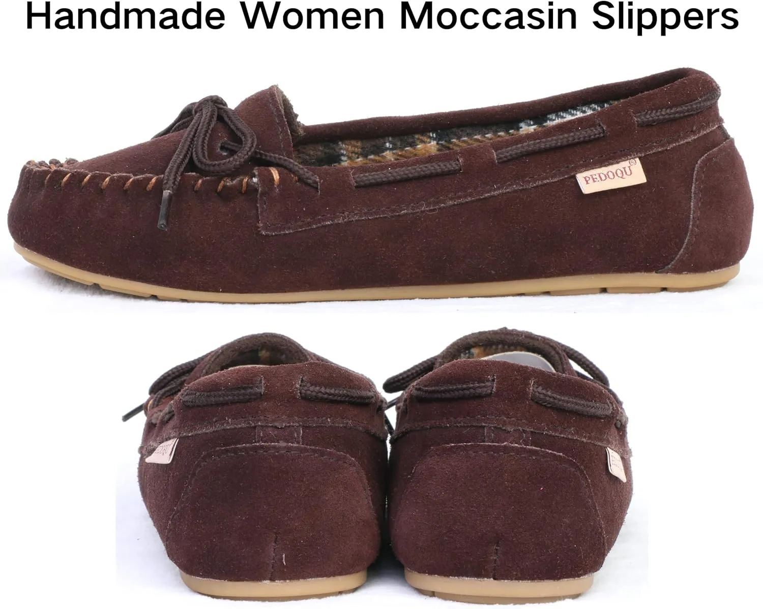 Plaid Lined Hardsole - Moccasin Slippers for Womens Made with Suede Upper, Rubber Sole, Textile Lace, and Traditional Moccasin Design