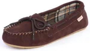 Plaid Lined Hardsole - Moccasin Slippers for Womens Made with Suede Upper, Rubber Sole, Textile Lace, and Traditional Moccasin Design