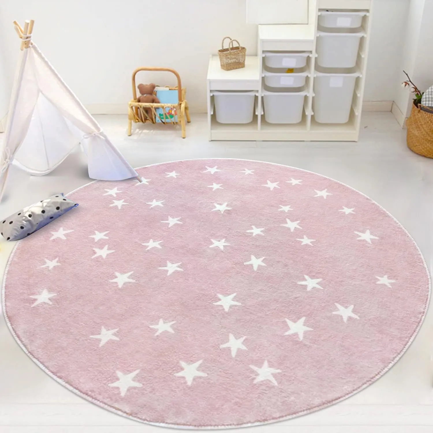 Poowe Stars Round Rug for Kids Room 4 FT Alphabet Super Soft Rug Non Slip Nursery Rug Bedroom Playroom Rug Washable Classroom Circle Rug for Kids Baby Toddlers-Pink
