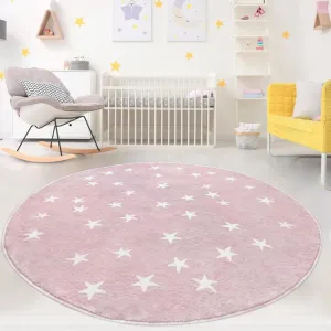 Poowe Stars Round Rug for Kids Room 4 FT Alphabet Super Soft Rug Non Slip Nursery Rug Bedroom Playroom Rug Washable Classroom Circle Rug for Kids Baby Toddlers-Pink