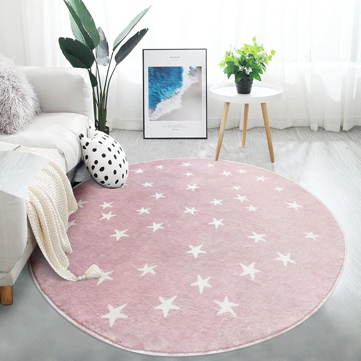 Poowe Stars Round Rug for Kids Room 4 FT Alphabet Super Soft Rug Non Slip Nursery Rug Bedroom Playroom Rug Washable Classroom Circle Rug for Kids Baby Toddlers-Pink