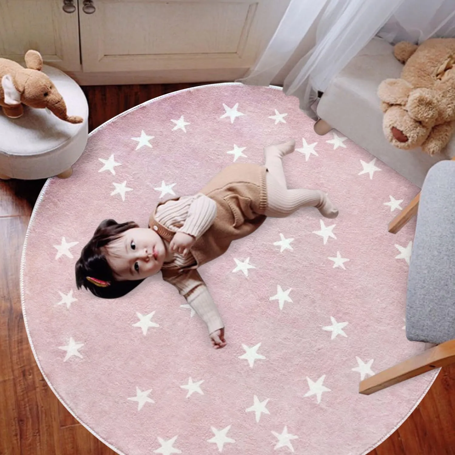 Poowe Stars Round Rug for Kids Room 4 FT Alphabet Super Soft Rug Non Slip Nursery Rug Bedroom Playroom Rug Washable Classroom Circle Rug for Kids Baby Toddlers-Pink