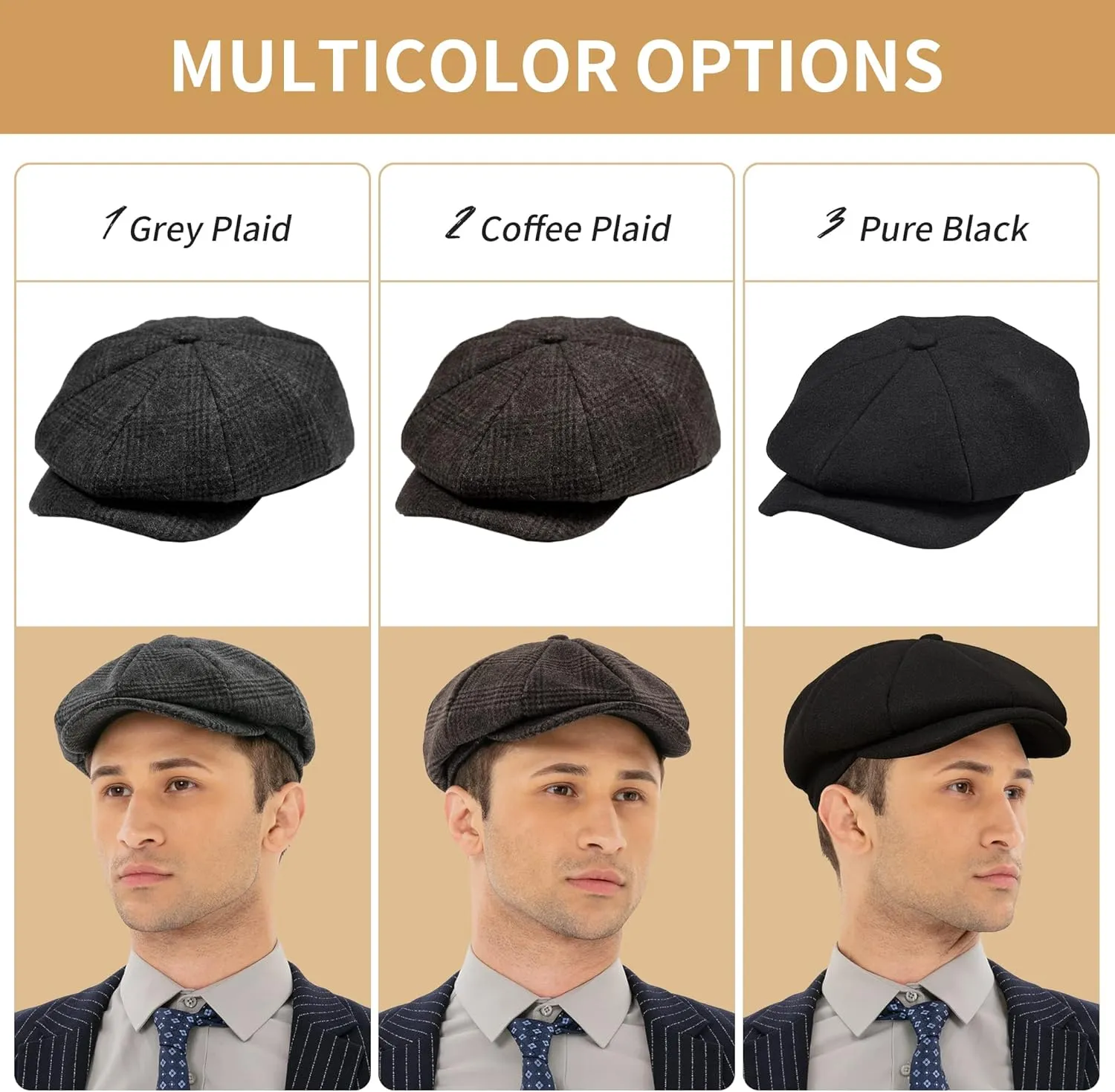 POUDAY Newsboy Cap for Men - Irish Newsies Cabbie Hat - Flat Winter Hat