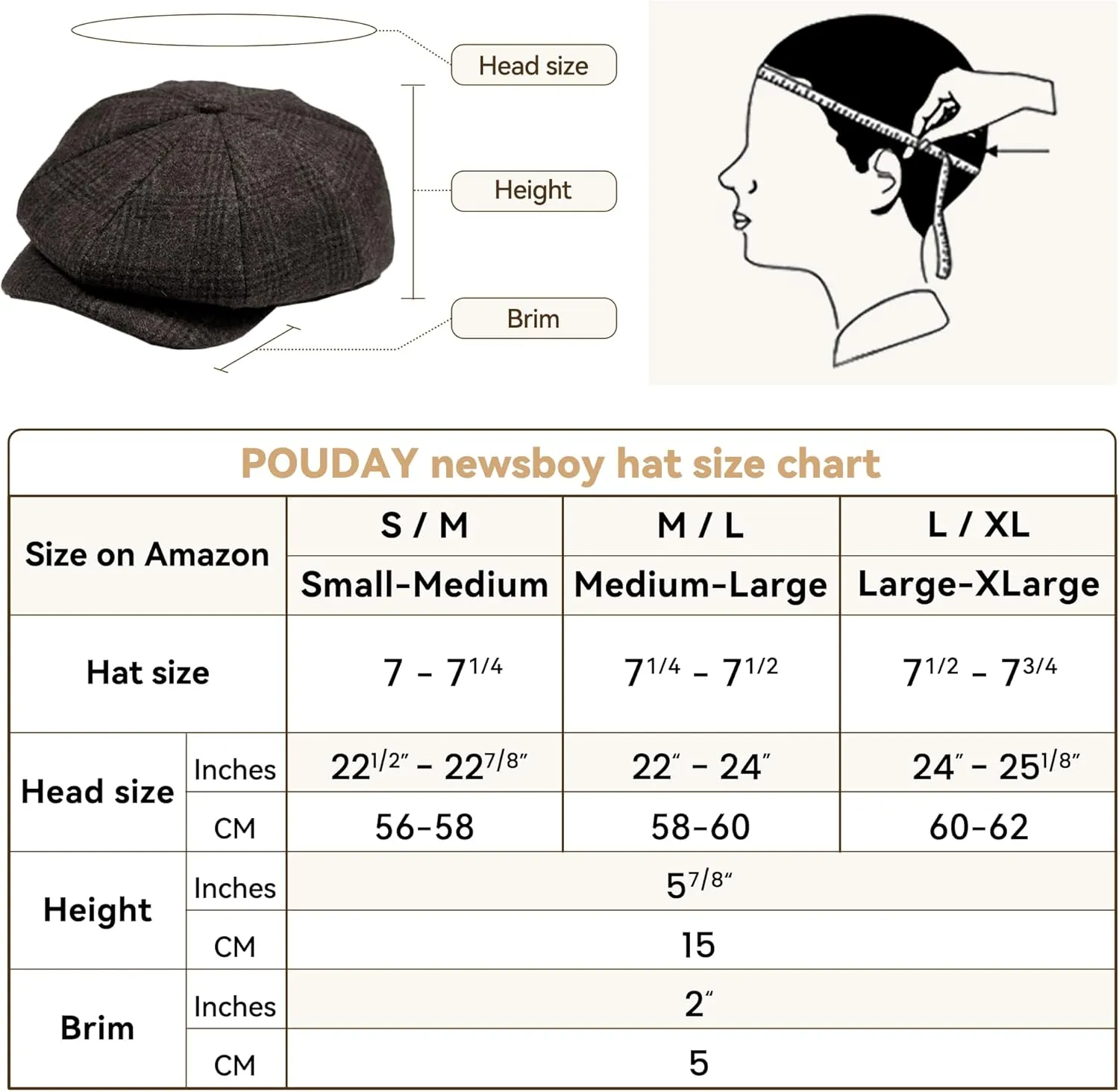 POUDAY Newsboy Cap for Men - Irish Newsies Cabbie Hat - Flat Winter Hat