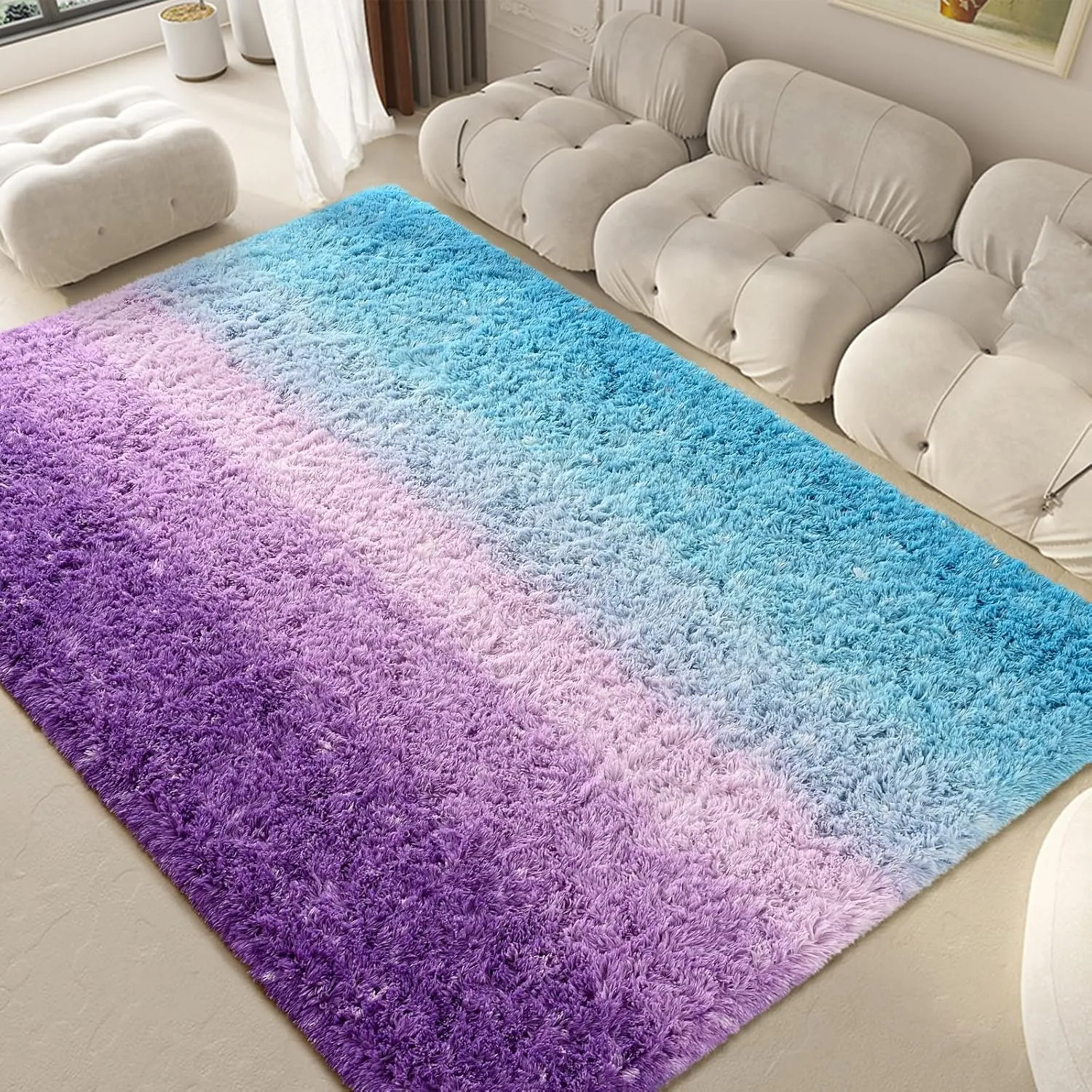 Purple-Blue Area Rugs Fluffy Carpets, 4x6 Feet Indoor Plush Rug for Bedroom Living Room, Tie-Dye Rectangular Modern Rug for Kids Girls Nursery Room, Shaggy Rug for Home Decor