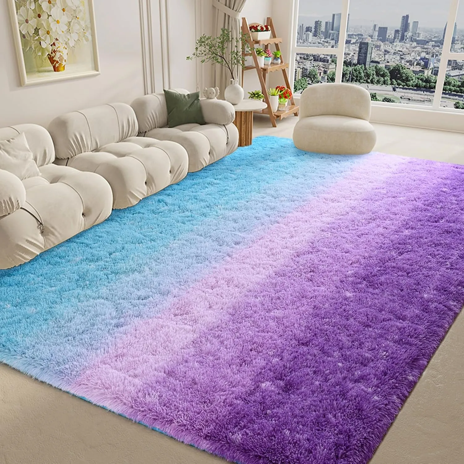 Purple-Blue Area Rugs Fluffy Carpets, 4x6 Feet Indoor Plush Rug for Bedroom Living Room, Tie-Dye Rectangular Modern Rug for Kids Girls Nursery Room, Shaggy Rug for Home Decor