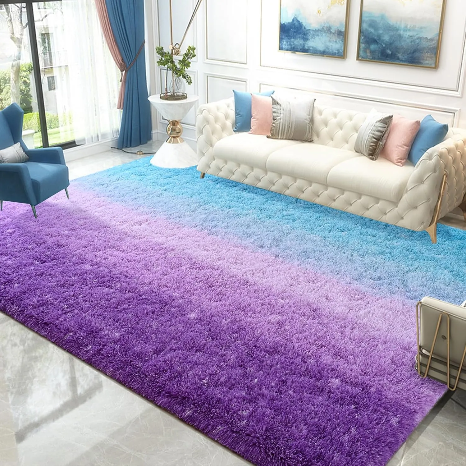 Purple-Blue Area Rugs Fluffy Carpets, 4x6 Feet Indoor Plush Rug for Bedroom Living Room, Tie-Dye Rectangular Modern Rug for Kids Girls Nursery Room, Shaggy Rug for Home Decor