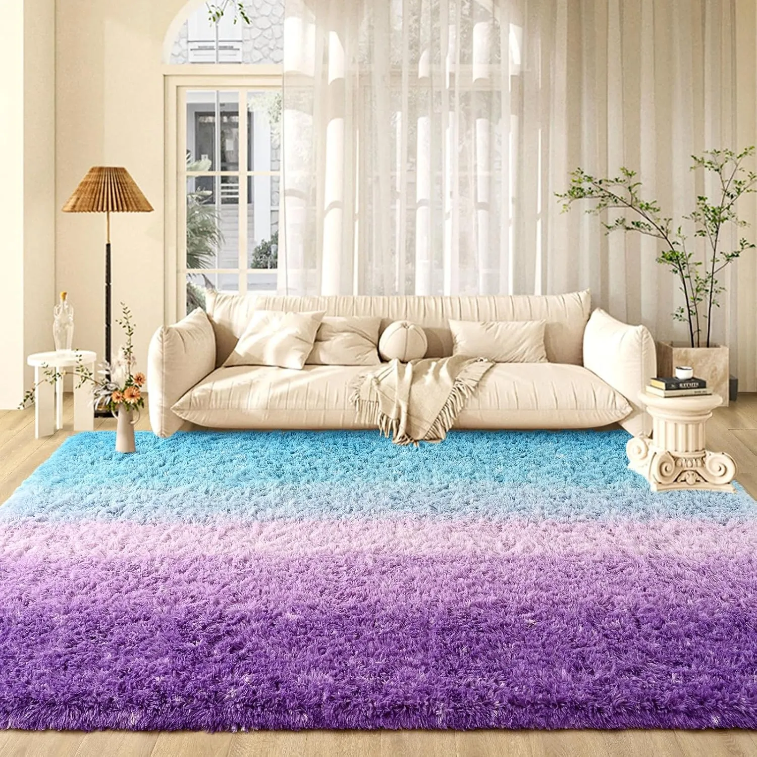 Purple-Blue Area Rugs Fluffy Carpets, 4x6 Feet Indoor Plush Rug for Bedroom Living Room, Tie-Dye Rectangular Modern Rug for Kids Girls Nursery Room, Shaggy Rug for Home Decor