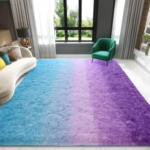 Purple-Blue Area Rugs Fluffy Carpets, 4x6 Feet Indoor Plush Rug for Bedroom Living Room, Tie-Dye Rectangular Modern Rug for Kids Girls Nursery Room, Shaggy Rug for Home Decor