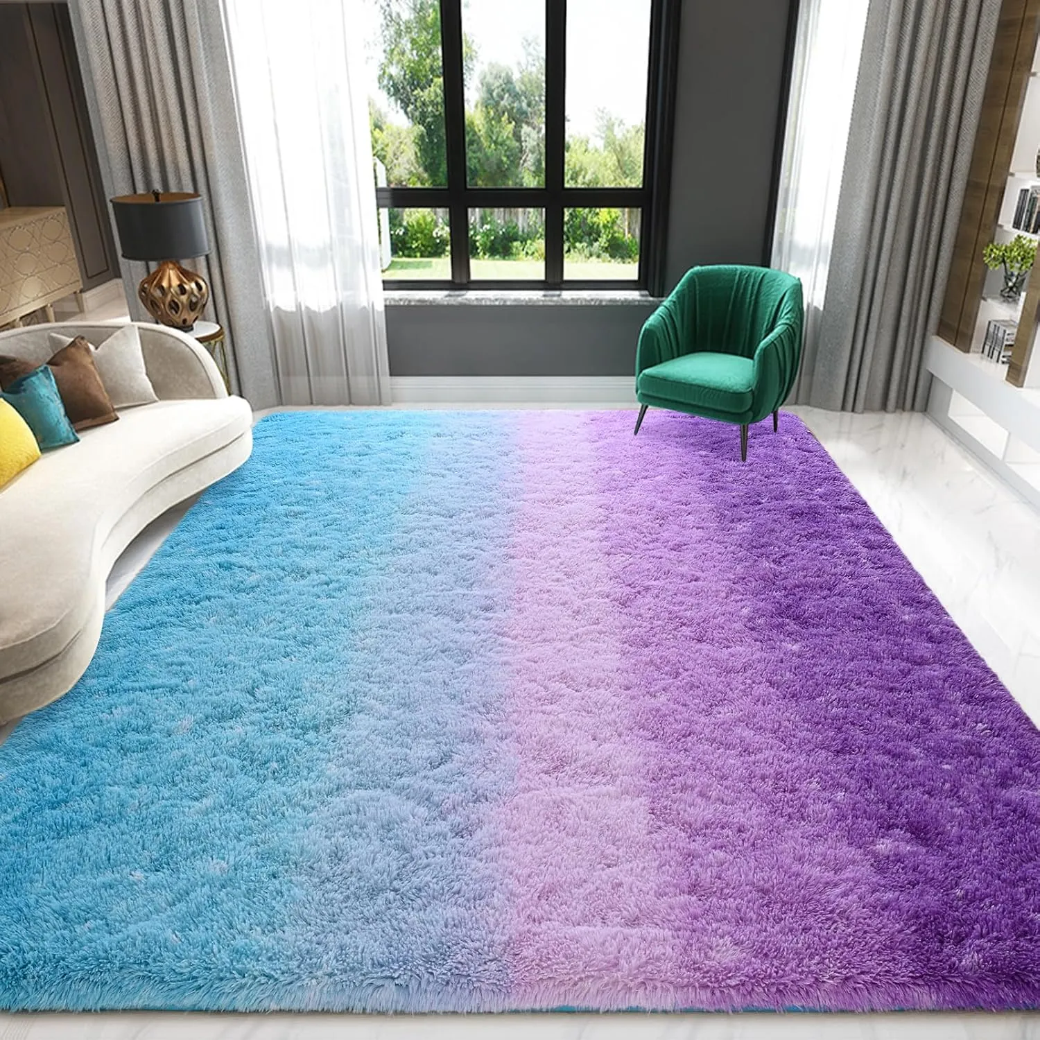 Purple-Blue Area Rugs Fluffy Carpets, 4x6 Feet Indoor Plush Rug for Bedroom Living Room, Tie-Dye Rectangular Modern Rug for Kids Girls Nursery Room, Shaggy Rug for Home Decor
