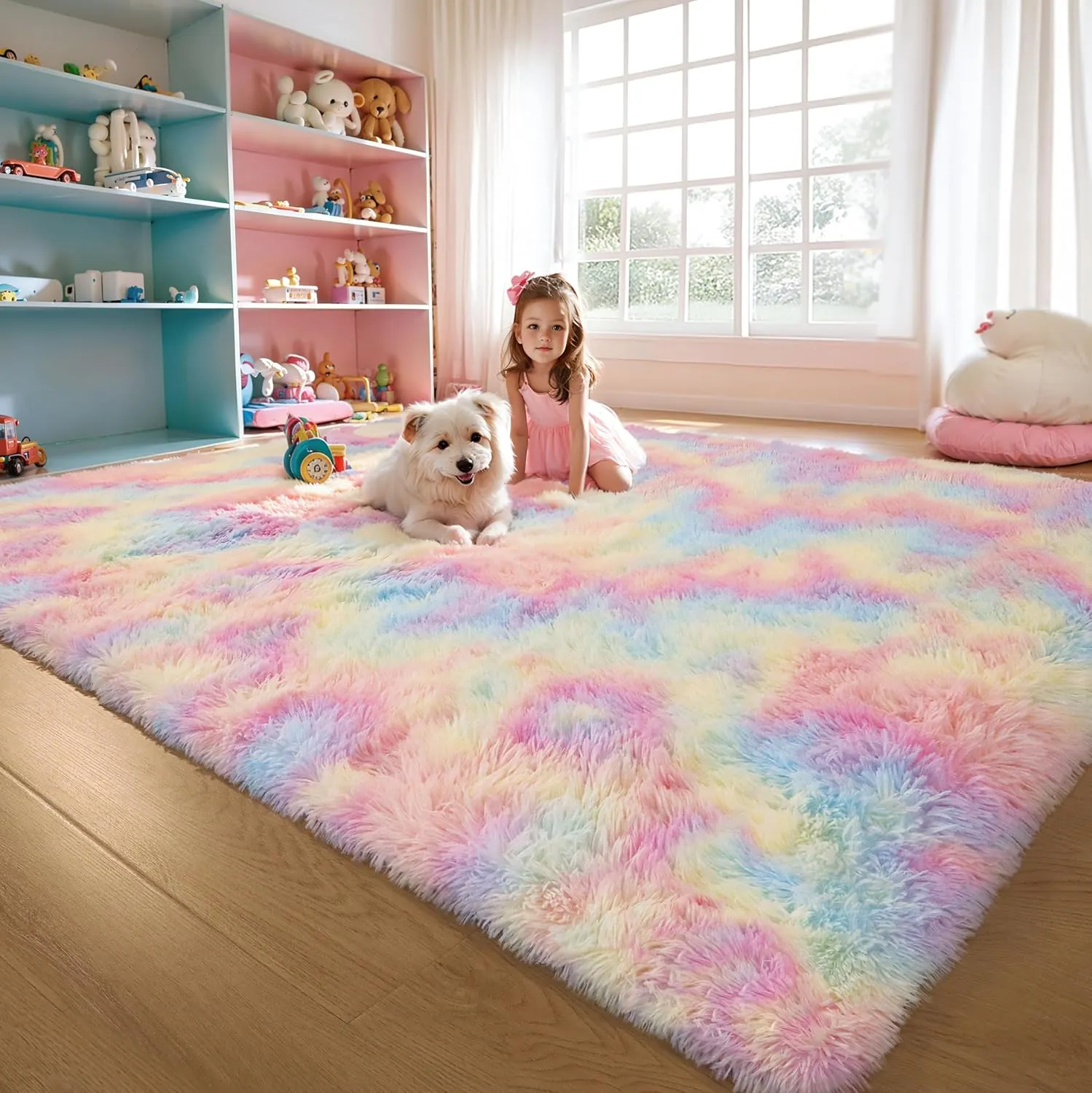 Rainbow 4x6 Kids Unicorn Rugs for Girls Bedroom, Soft Fluffy Shaggy Shag Washable Non Slip Fuzzy Plush Area Rug for Living Room, Pastel Princess Throw Furry Carpet for Nursery Baby Boys Dorm Playroom