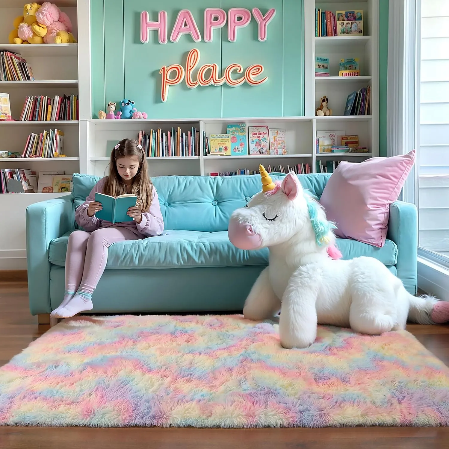 Rainbow 4x6 Kids Unicorn Rugs for Girls Bedroom, Soft Fluffy Shaggy Shag Washable Non Slip Fuzzy Plush Area Rug for Living Room, Pastel Princess Throw Furry Carpet for Nursery Baby Boys Dorm Playroom