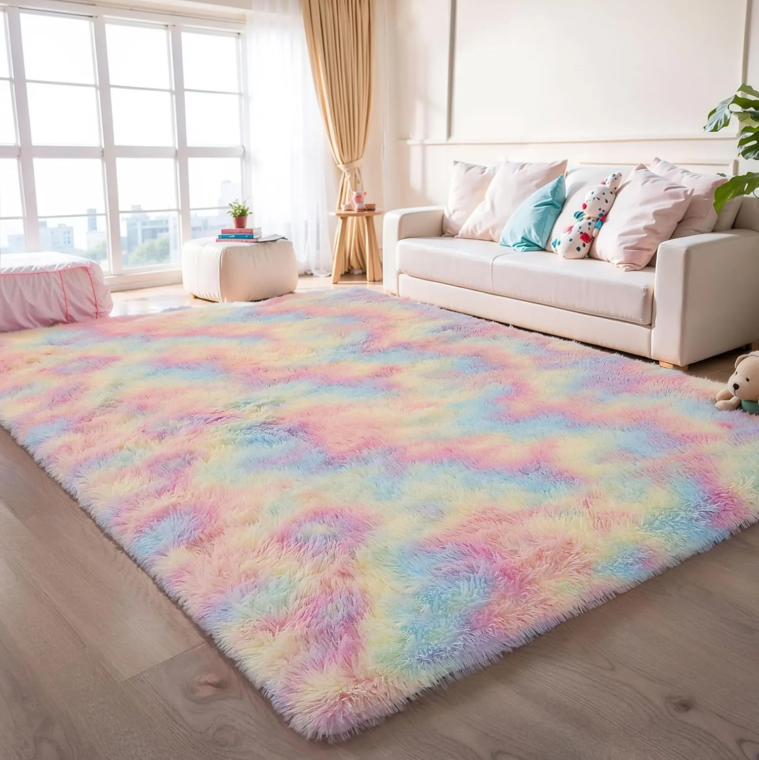 Rainbow 4x6 Kids Unicorn Rugs for Girls Bedroom, Soft Fluffy Shaggy Shag Washable Non Slip Fuzzy Plush Area Rug for Living Room, Pastel Princess Throw Furry Carpet for Nursery Baby Boys Dorm Playroom