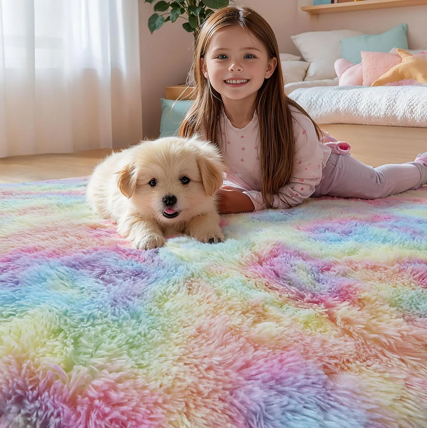 Rainbow 4x6 Kids Unicorn Rugs for Girls Bedroom, Soft Fluffy Shaggy Shag Washable Non Slip Fuzzy Plush Area Rug for Living Room, Pastel Princess Throw Furry Carpet for Nursery Baby Boys Dorm Playroom