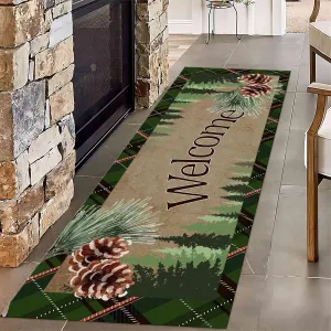 Rustic Forest Runner Rug for Hallway,2x10ft,Cottage Collection Pinecone Pine Leaf and Green Gingham Patchwork Rugs,Country Brown Non-Slip Washable Doormat for Living Room Bedroom Entrance