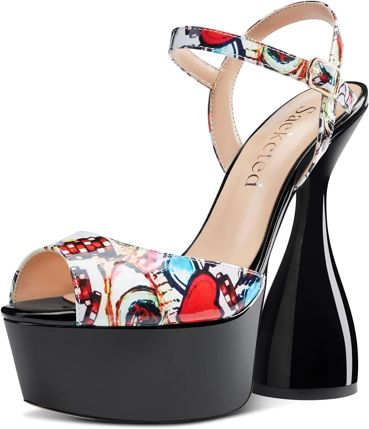 Saekcted Women's Chunky High Heels Platform Fashion Party Sandals Peep-Toe Ankel-Strap Sandal 6Inch Heel Shoes for Wedding Dress