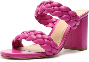SCHUTZ Myreh Gold Leather Open Toe Slip On Braided Straps Block High Heel Sandal