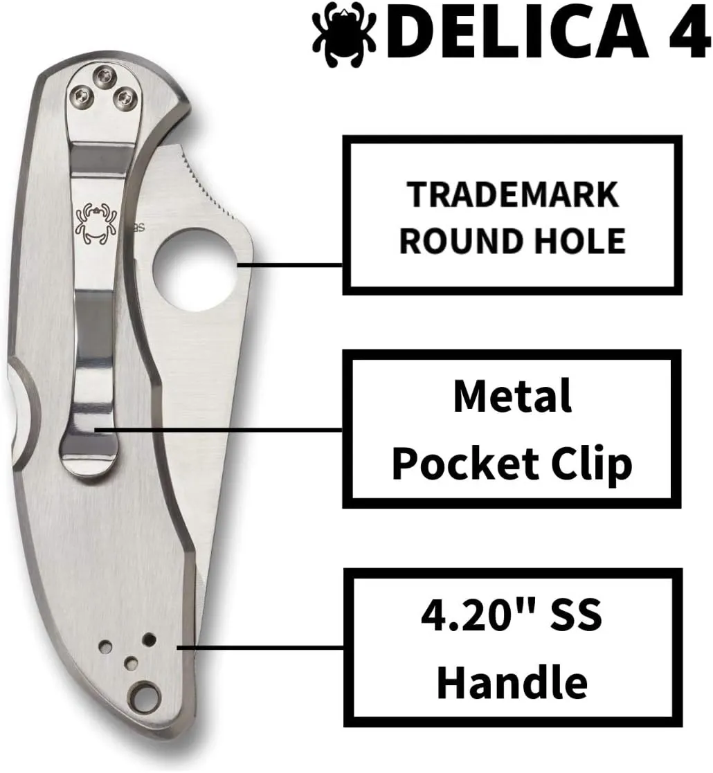 Spyderco Delica 4 Signature Knife with 2.95" Saber-Ground VG-10 Steel Blade and Durable Stainless Steel Handle - C11P