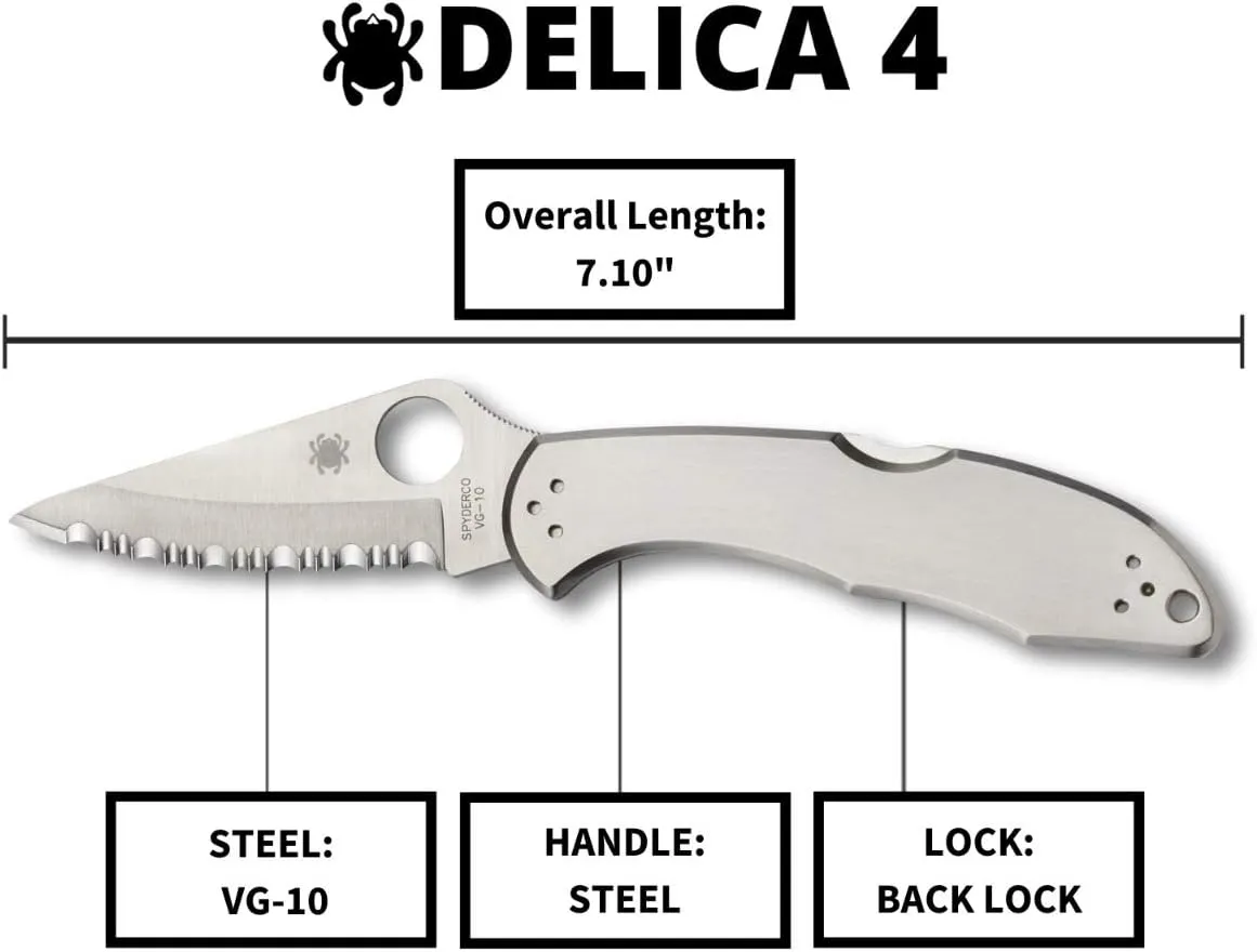 Spyderco Delica 4 Signature Knife with 2.95" Saber-Ground VG-10 Steel Blade and Durable Stainless Steel Handle - C11P