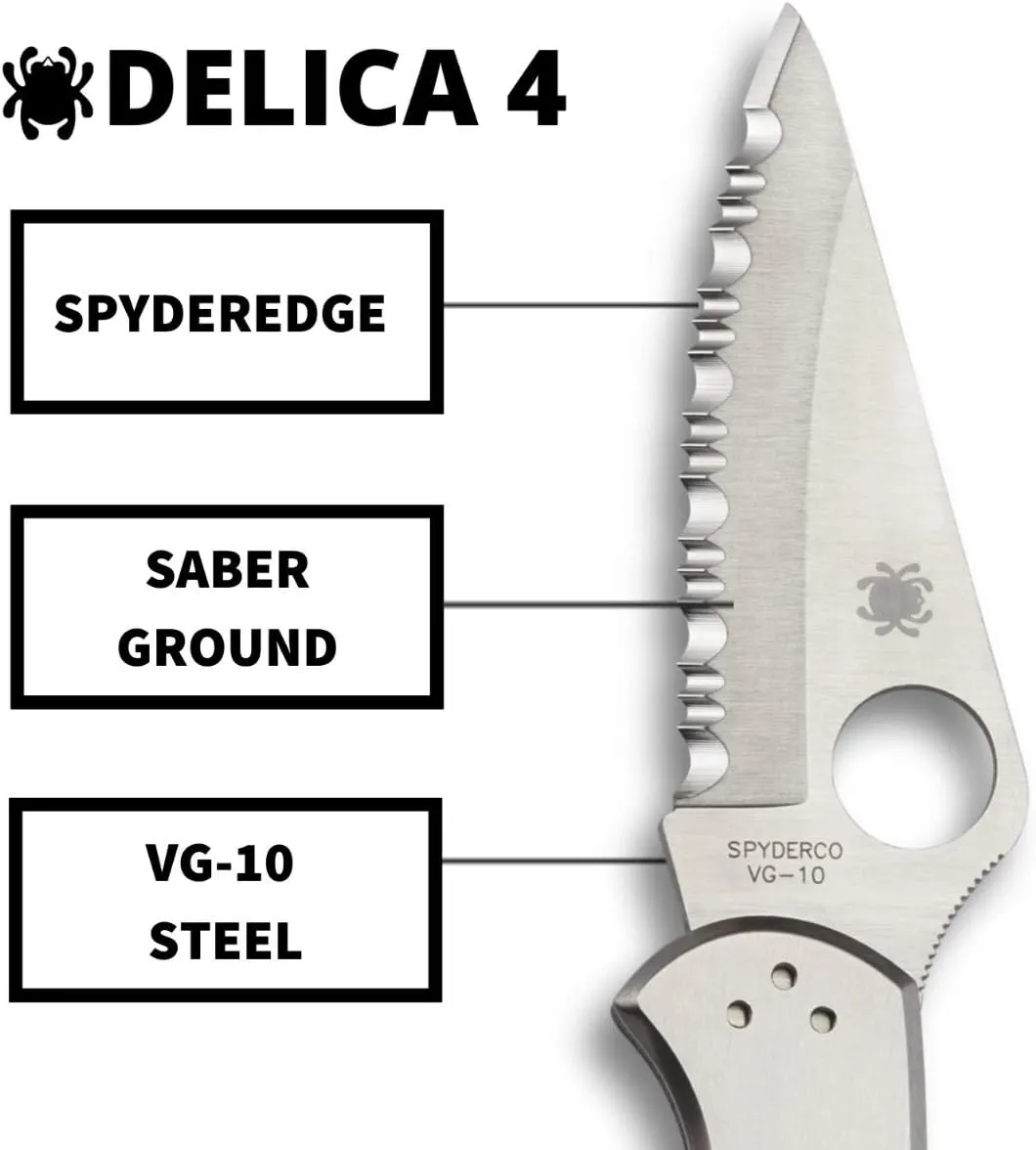 Spyderco Delica 4 Signature Knife with 2.95" Saber-Ground VG-10 Steel Blade and Durable Stainless Steel Handle - C11P