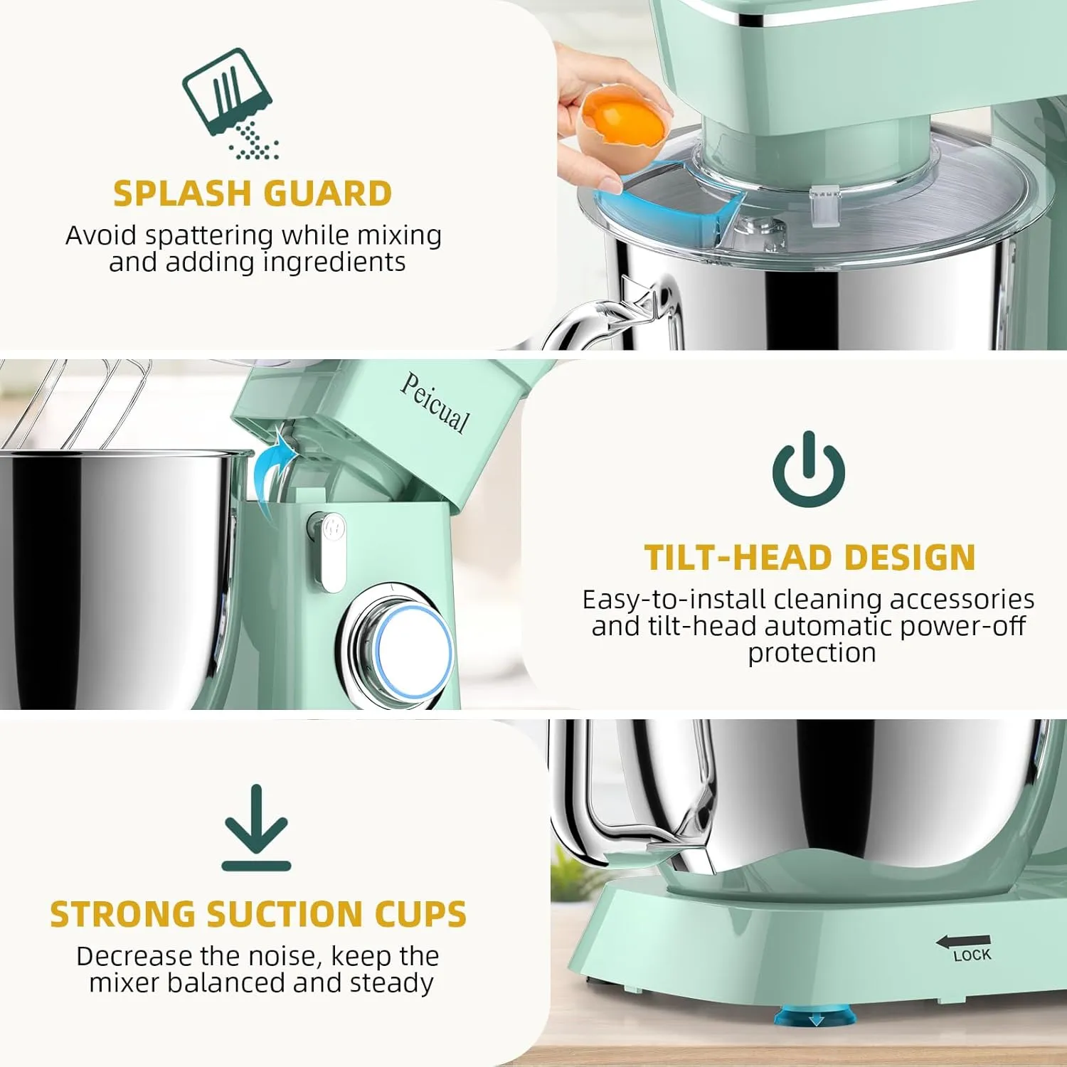 Stand Mixer, 6QT 10 P Speed Tilt-Head Kitchen Electric Mixer, Food Mixer with Stainless Steel Bowl, Dough Hook, Flat Beater, Wire Whisk, Splash Guard for Daily Use -Green