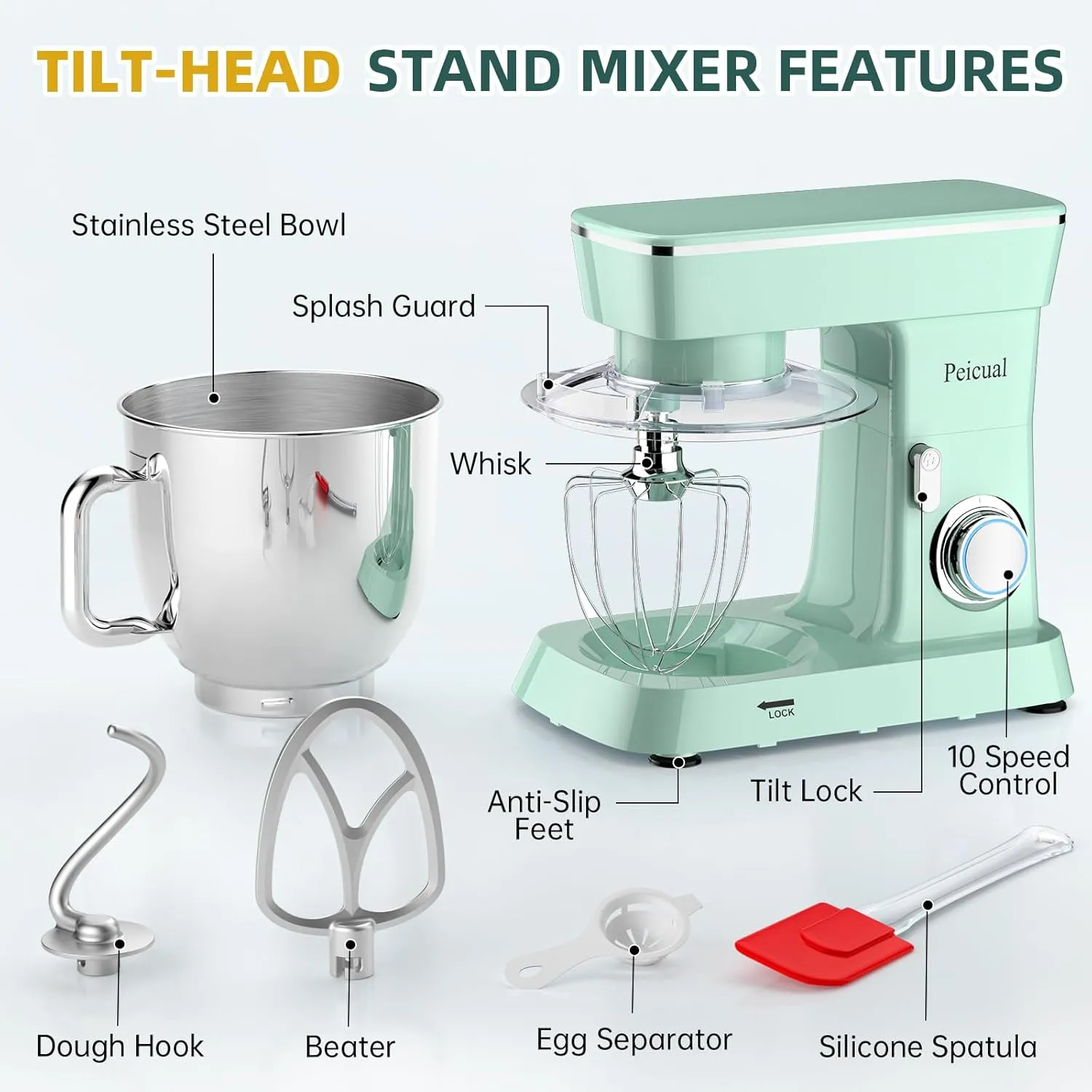Stand Mixer, 6QT 10 P Speed Tilt-Head Kitchen Electric Mixer, Food Mixer with Stainless Steel Bowl, Dough Hook, Flat Beater, Wire Whisk, Splash Guard for Daily Use -Green