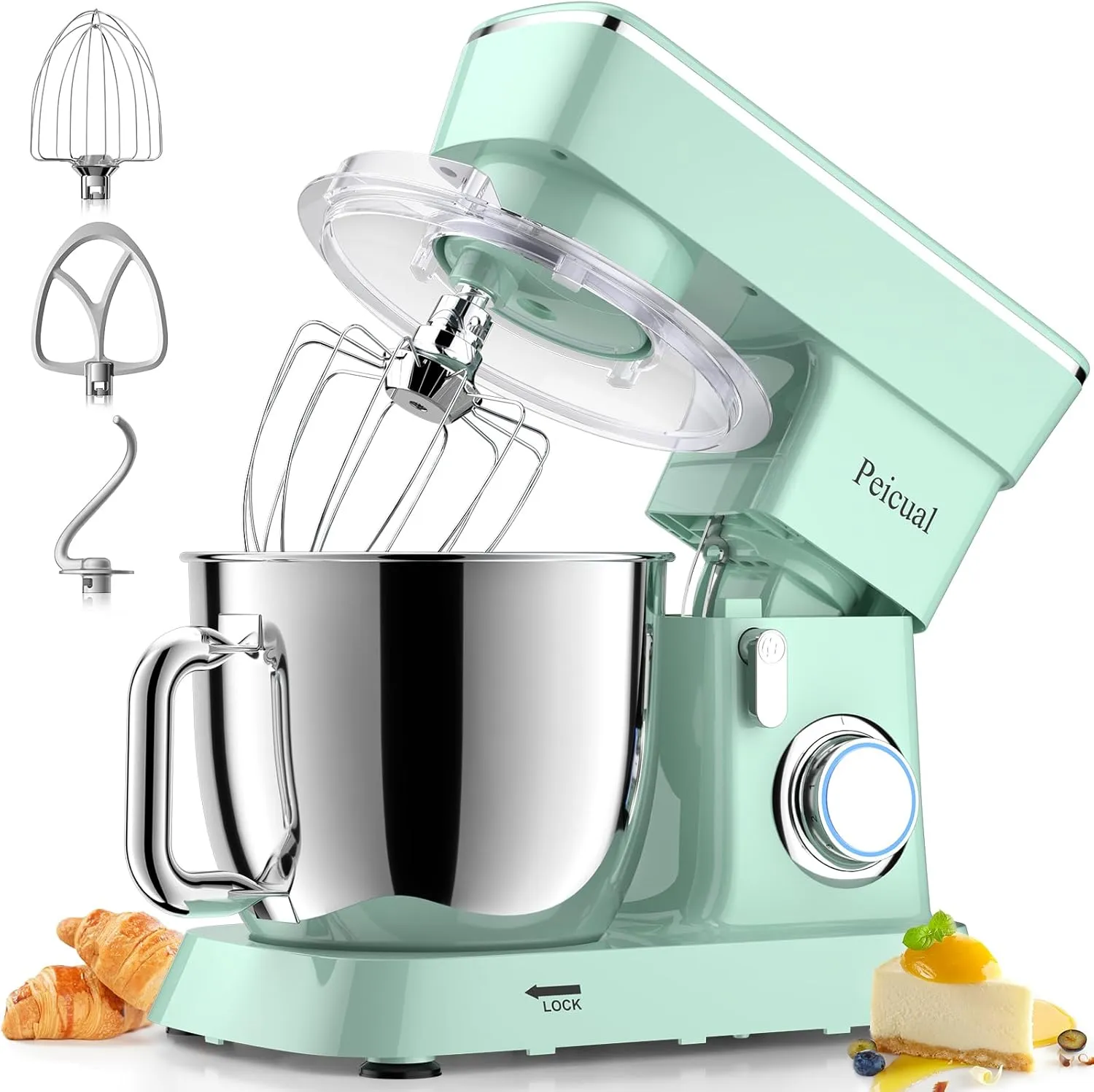 Stand Mixer, 6QT 10 P Speed Tilt-Head Kitchen Electric Mixer, Food Mixer with Stainless Steel Bowl, Dough Hook, Flat Beater, Wire Whisk, Splash Guard for Daily Use -Green