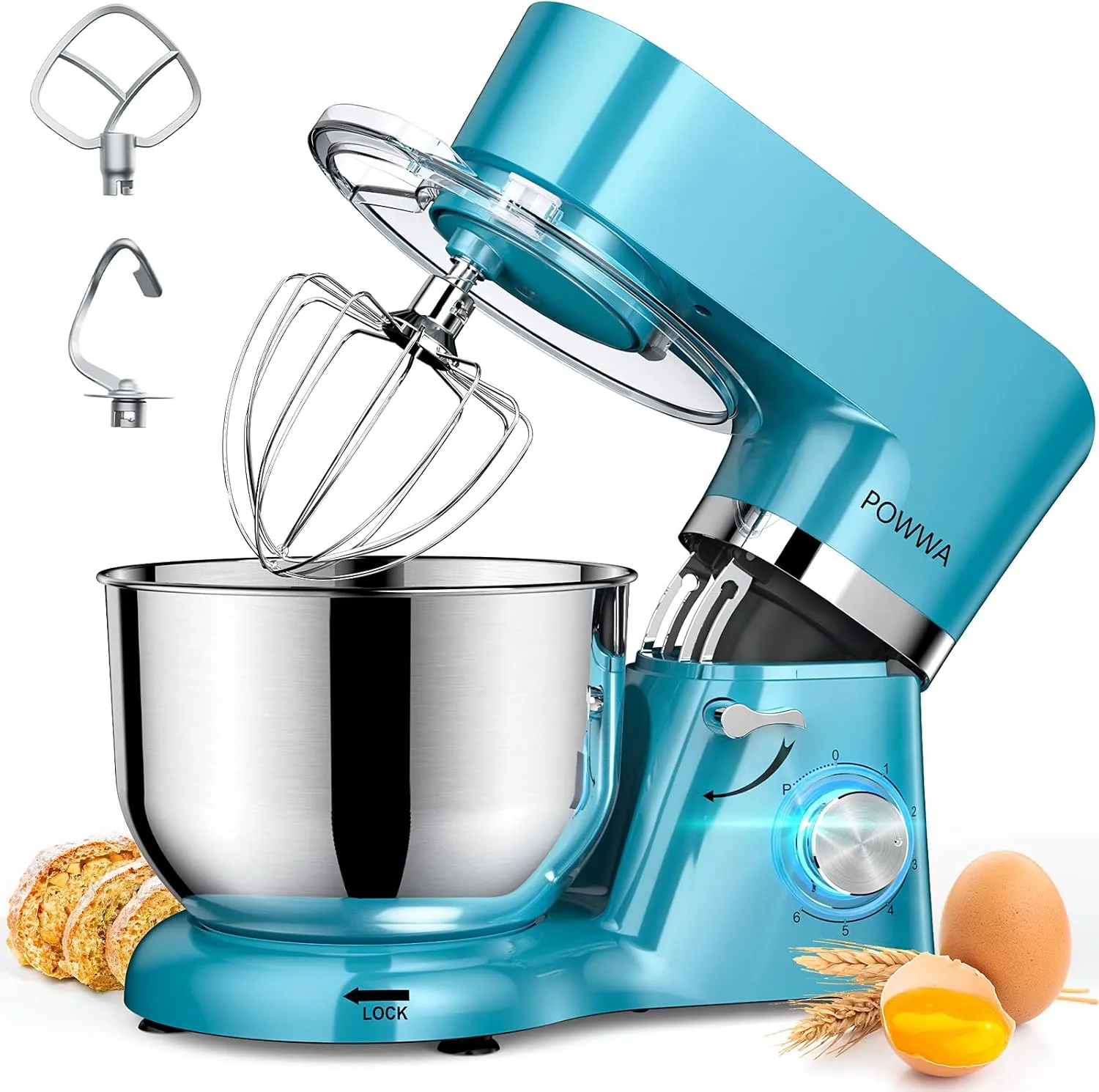 Stand Mixer, POWWA 7.5 QT Electric Mixer, 6 P Speed 660W Household Tilt-Head Kitchen Food Mixers with Whisk, Dough Hook, Mixing Beater & Splash Guard for Baking, Cake, Cookie, Kneading (Blue)
