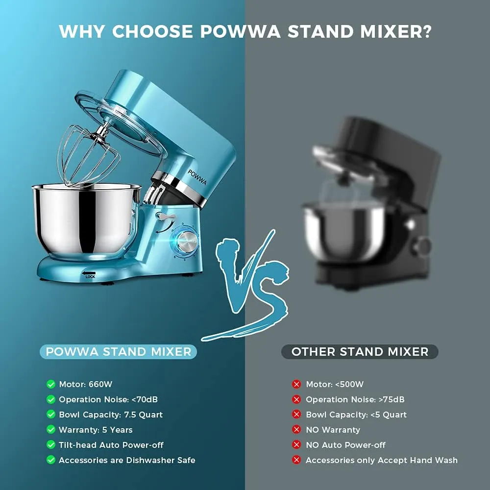 Stand Mixer, POWWA 7.5 QT Electric Mixer, 6 P Speed 660W Household Tilt-Head Kitchen Food Mixers with Whisk, Dough Hook, Mixing Beater & Splash Guard for Baking, Cake, Cookie, Kneading (Blue)
