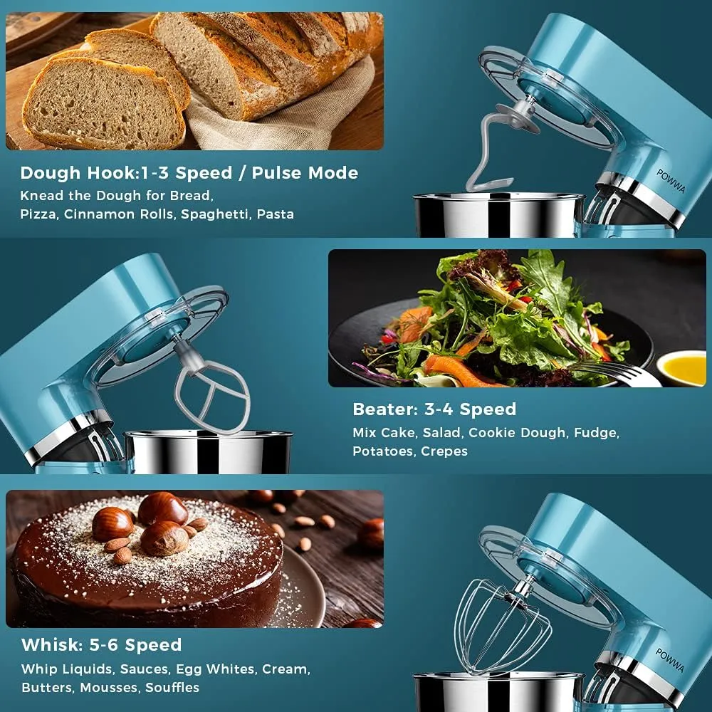 Stand Mixer, POWWA 7.5 QT Electric Mixer, 6 P Speed 660W Household Tilt-Head Kitchen Food Mixers with Whisk, Dough Hook, Mixing Beater & Splash Guard for Baking, Cake, Cookie, Kneading (Blue)