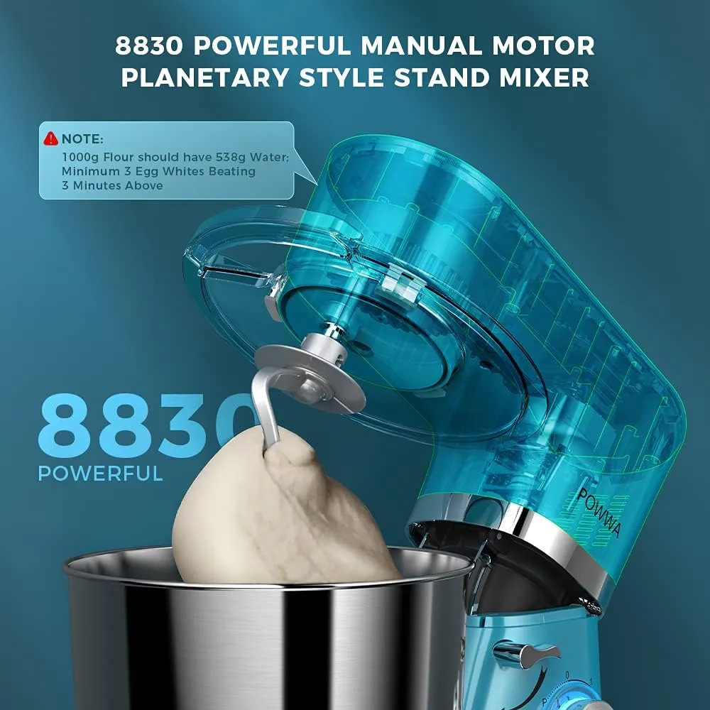 Stand Mixer, POWWA 7.5 QT Electric Mixer, 6 P Speed 660W Household Tilt-Head Kitchen Food Mixers with Whisk, Dough Hook, Mixing Beater & Splash Guard for Baking, Cake, Cookie, Kneading (Blue)