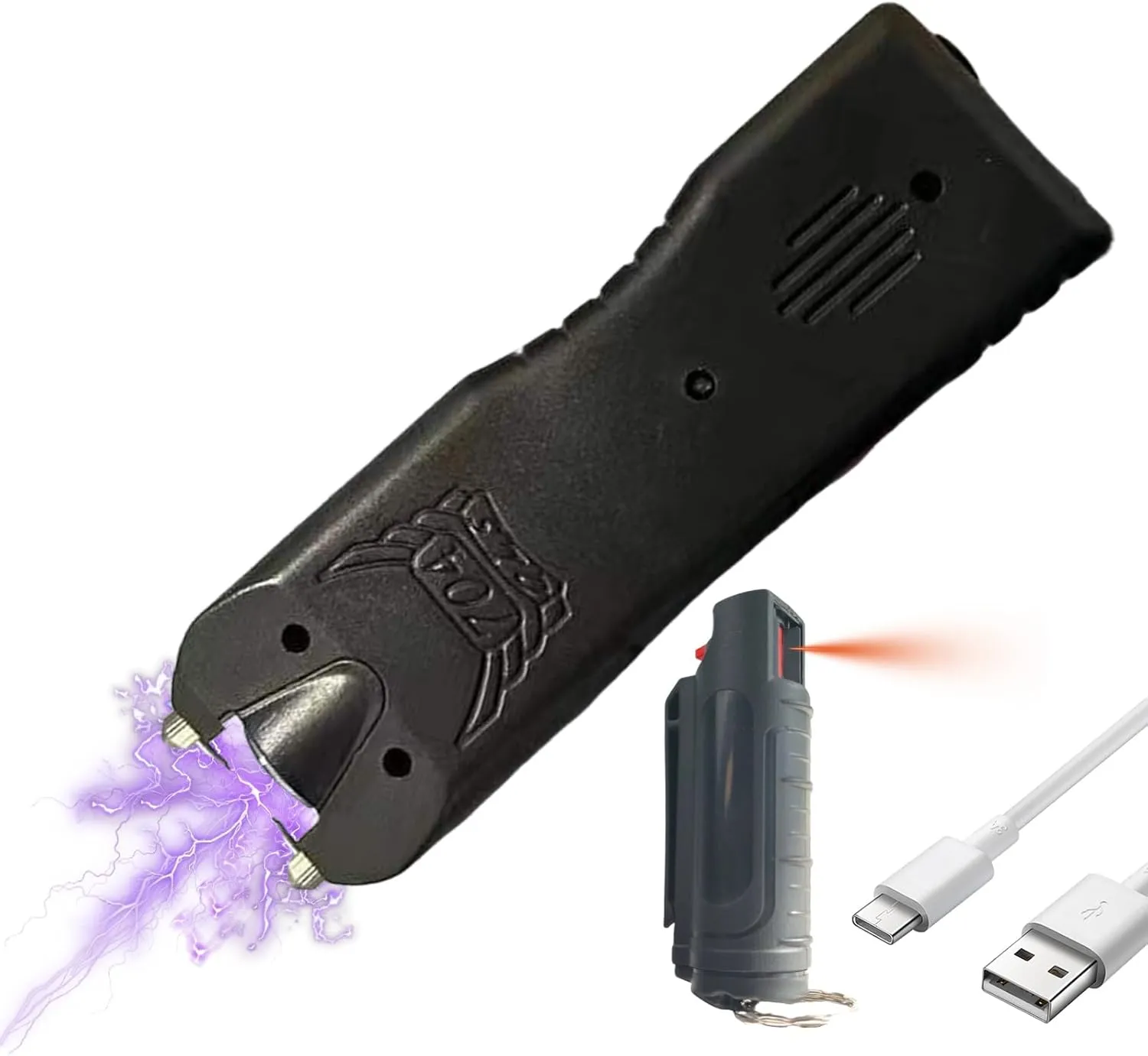 Stun Gun and Pepper Spray Combo with USB Charger for Self Defense Rechargeable Flat Safety Kit for Women Men with Keychain Clip Spray Protection