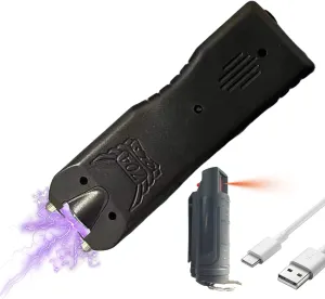 Stun Gun and Pepper Spray Combo with USB Charger for Self Defense Rechargeable Flat Safety Kit for Women Men with Keychain Clip Spray Protection
