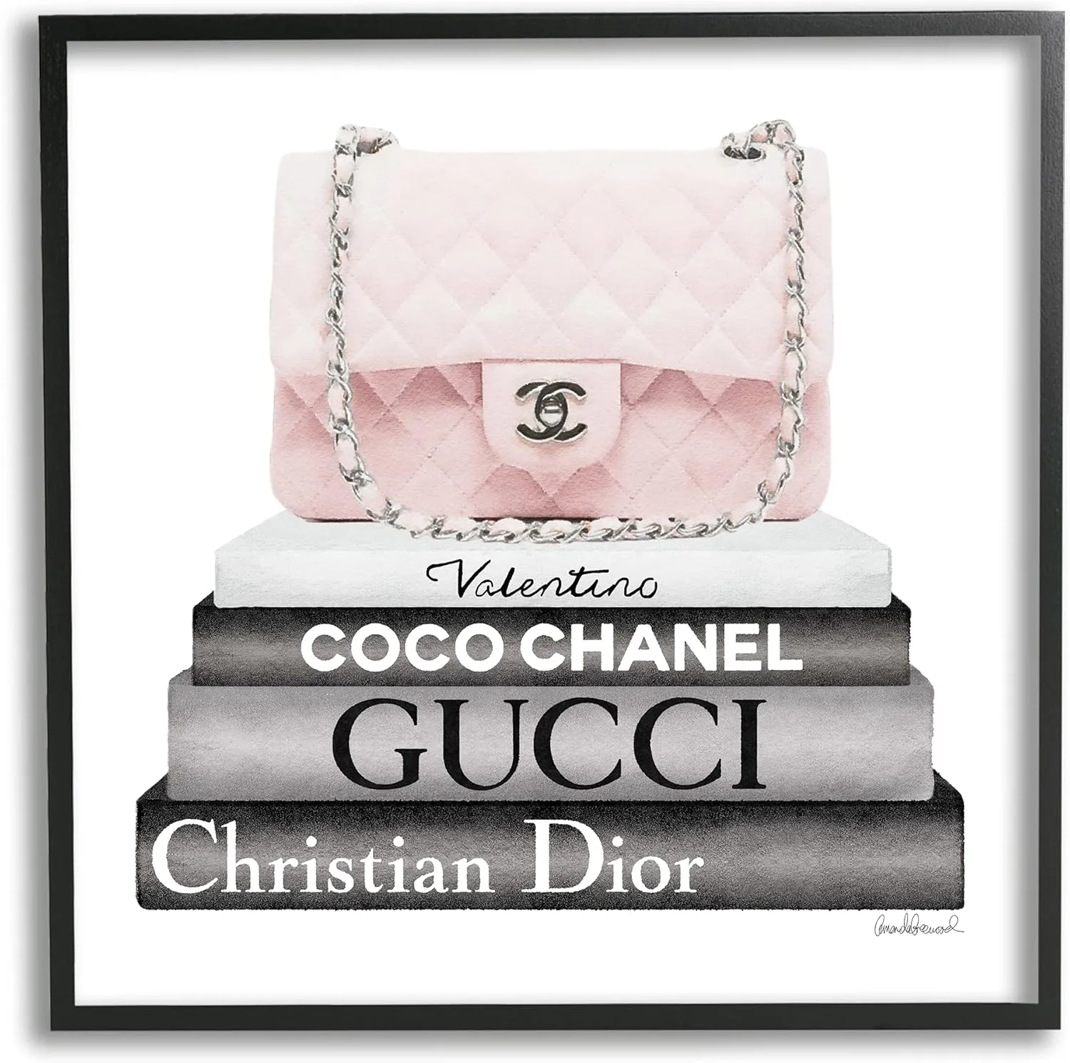 Stupell Industries Pink Quilted Purse on Modern Chic Bookstack Wall Art, 17 x 17, Black Framed